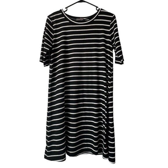 Luxology Women T Shirt Dress Black White Striped Stretch Size Large Classic City - Picture 1 of 10